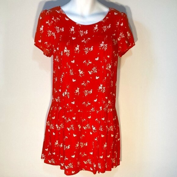 Urban Outfitters Co Incidence SZ M  red orange & ivory print drop waist dress - Picture 1 of 4